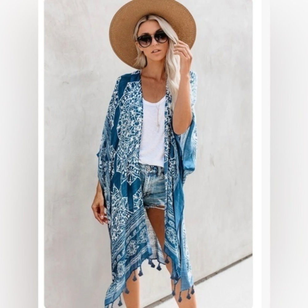 Blue Anja Paisley Print Tassel Cover up One Size